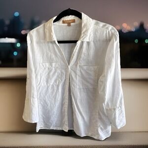 Ellen‎ Tracy 100% Linen White Womens Blouse Lightweight Summer business casual